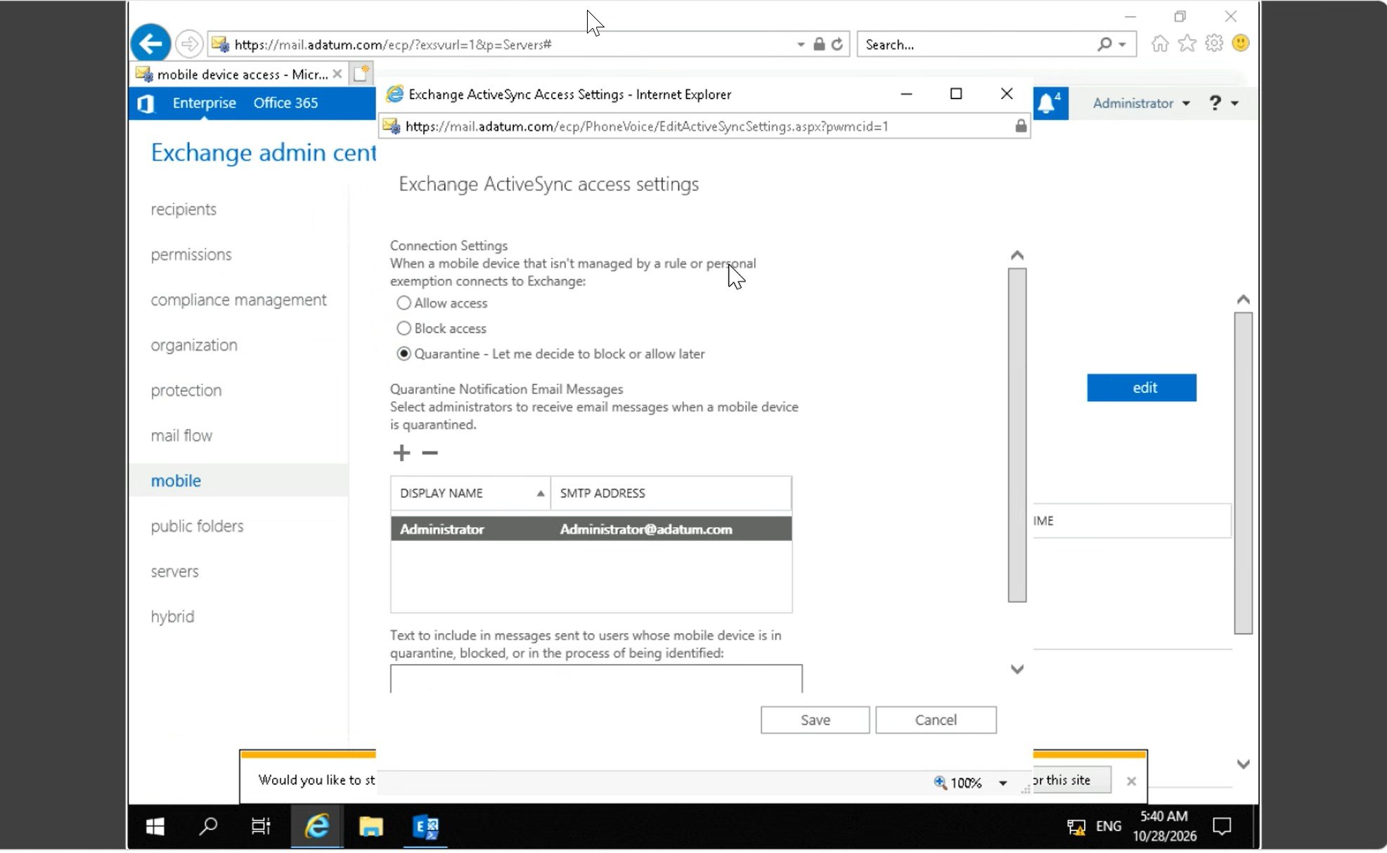 Quarantaine Exchange ActiveSync et destinataire de notification