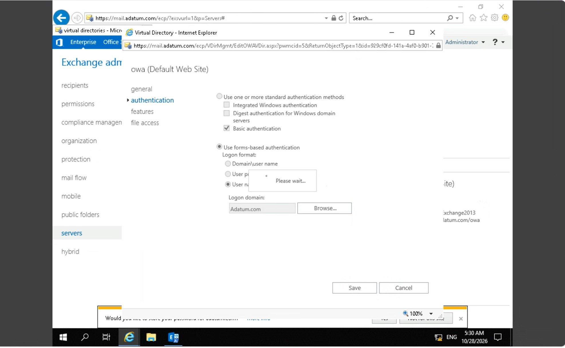 Options d'authentification du répertoire virtuel OWA