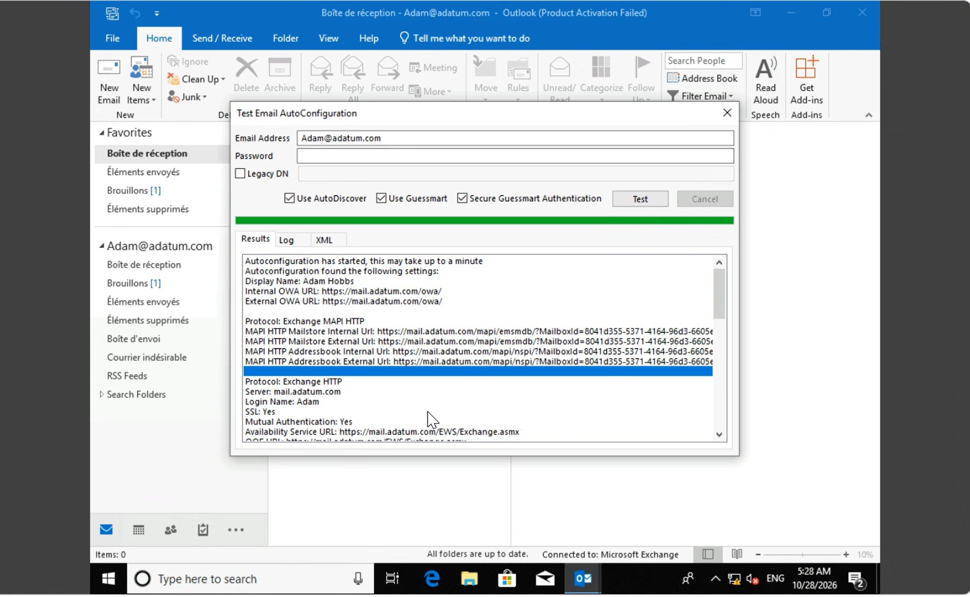 Résultats Autodiscover affichés dans Outlook