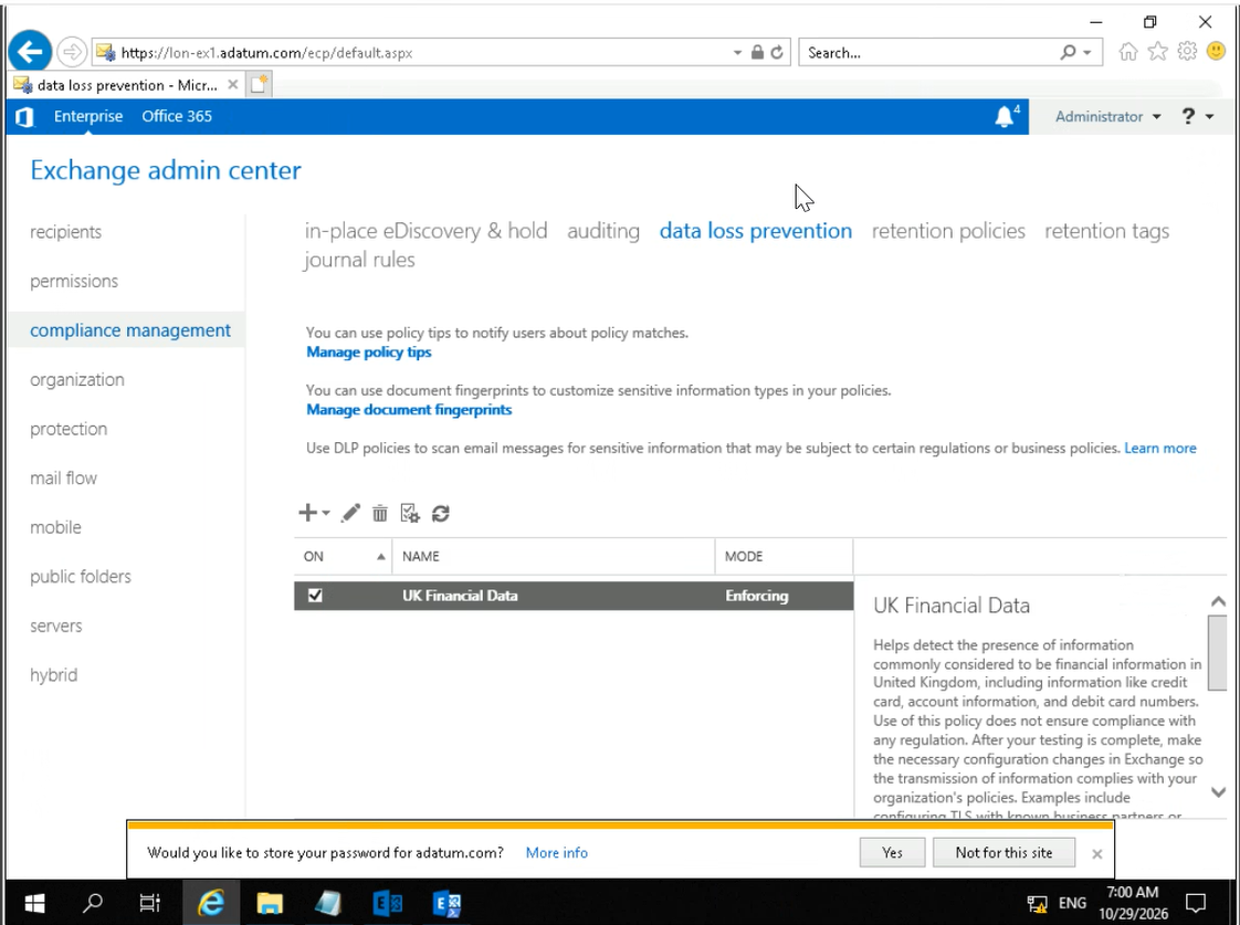 Politique DLP UK Financial Data dans l'EAC Exchange