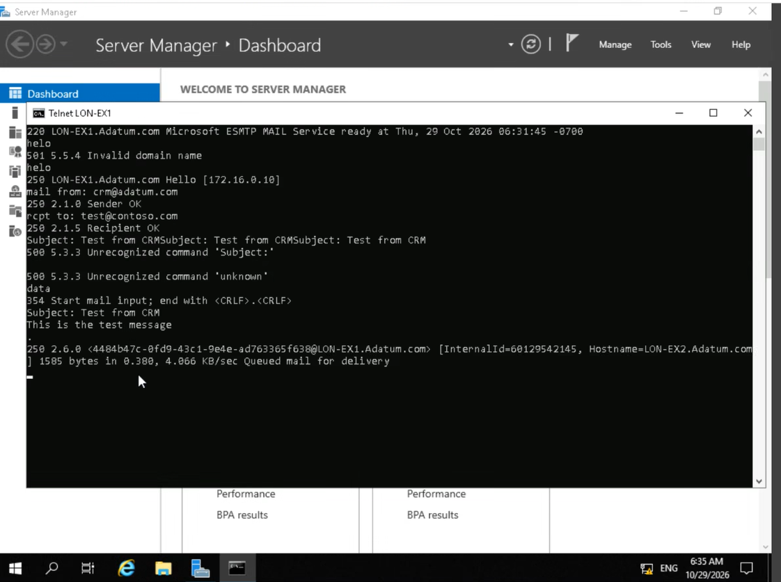 Dialogue SMTP en Telnet avec réponses 501 500 354 et 250