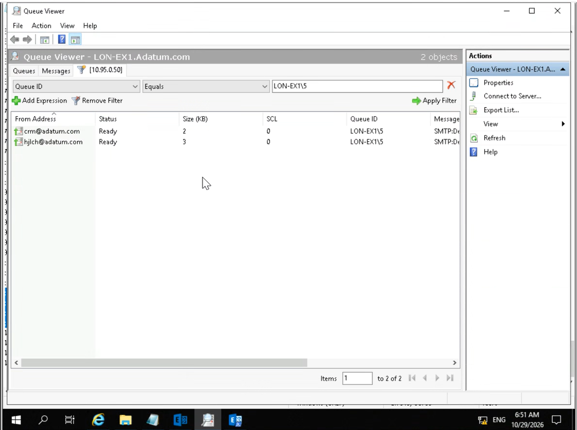 Queue Viewer Exchange affichant la file LON-EX1 et les messages en attente