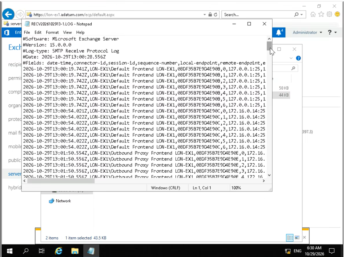 Journaux SMTP Receive d'Exchange montrant les sessions du protocole